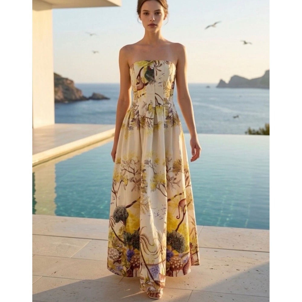 ANTHRO. NWT CAROLINE CONSTAS SAFARI JUNGLE STRAPLESS SMOCKED MAXI DRESS Large